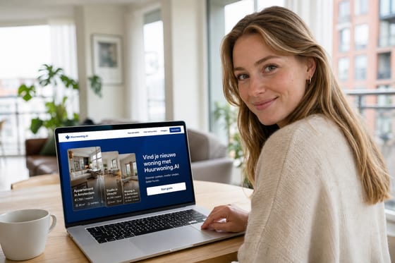 Vrouw die op een laptop huurwoningen zoekt met Huurwoning.AI